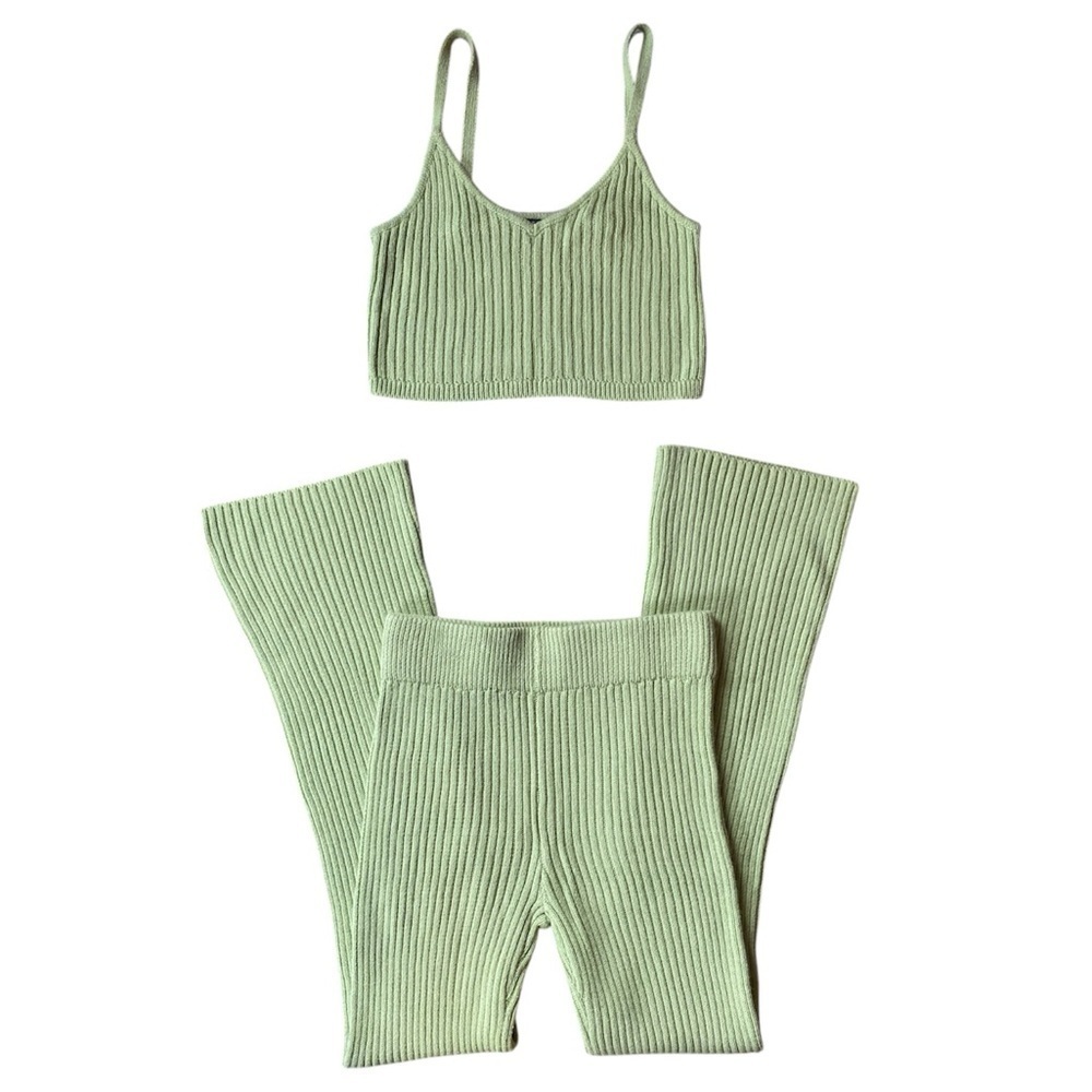 Wild Fable Green Sorbet 2 Pcs Sweater Knit Crop Top Flared Pant Set Size Small - Picture 3 of 5